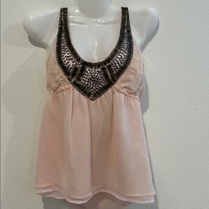 bebe Blush Chiffon Sleeveless Top with Embellished Neckline